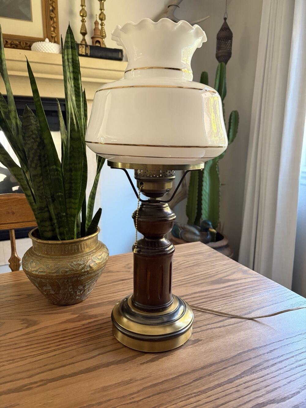 Vintage Midcentury White Milk Glass Lamp Wood Lamp Ruffled Shade